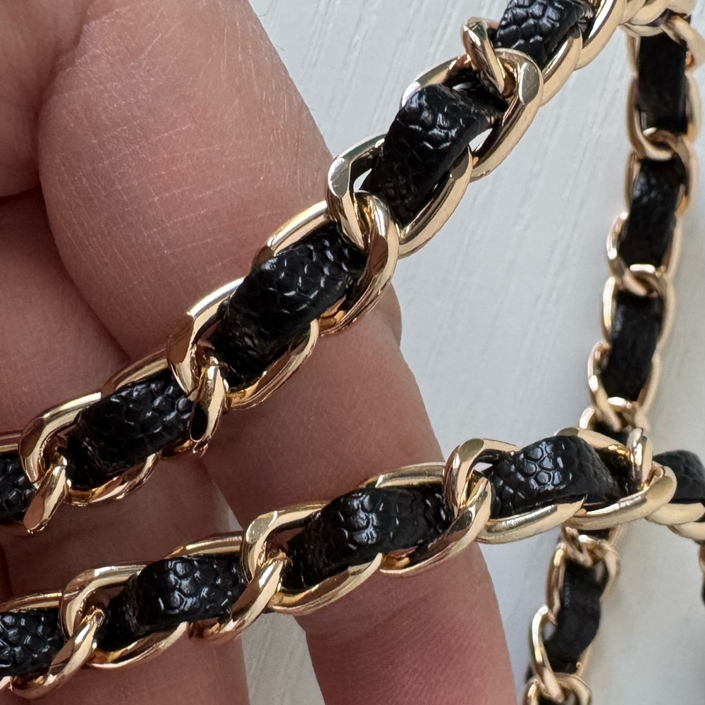 Unbranded Gold Chain Black Leather Caviar Replacement Strap for Purse Bag - Picture 3 of 3